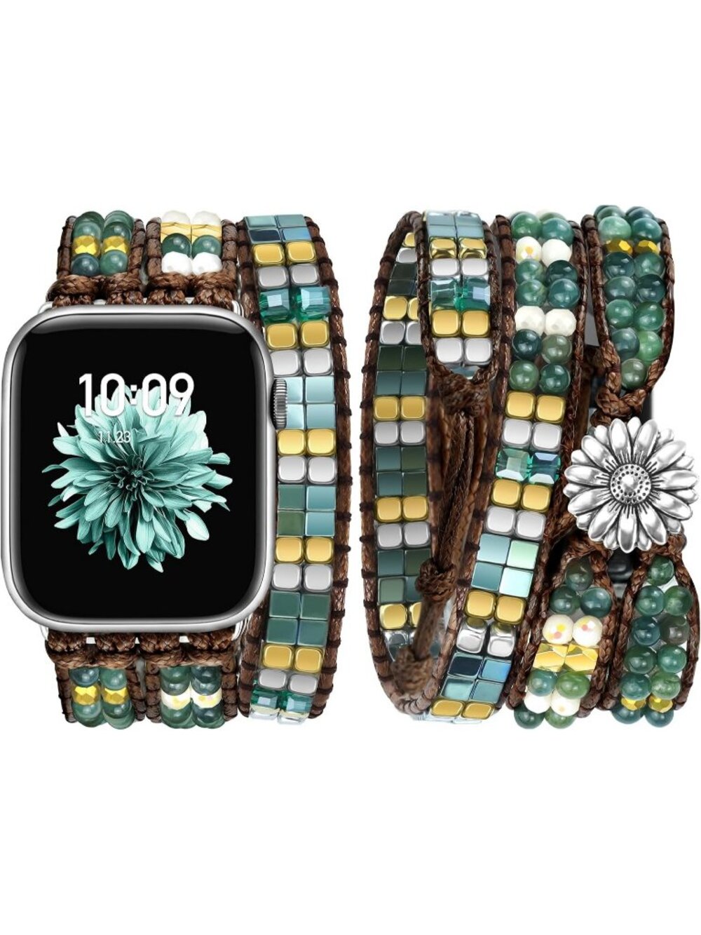 Women's Green Boho Beaded Band Compatible with Apple Stones Bracelet Watches
